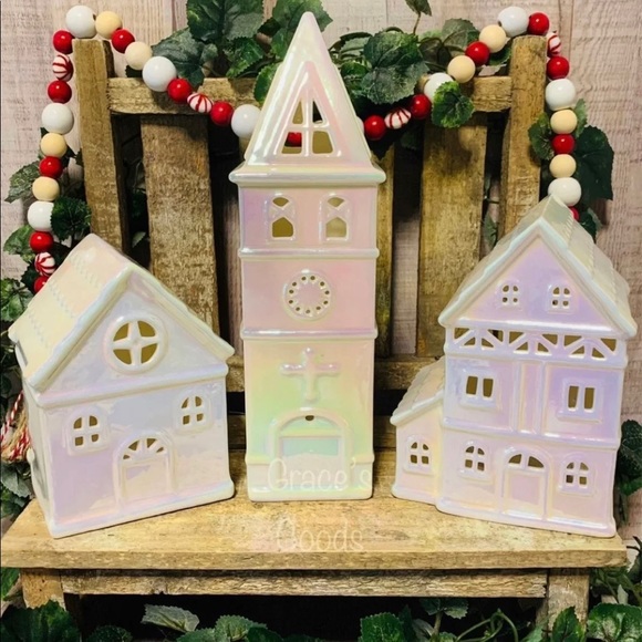 Retired VHTF 3 Piece Pearlized Porcelain Illuminated Village - Picture 6 of 9